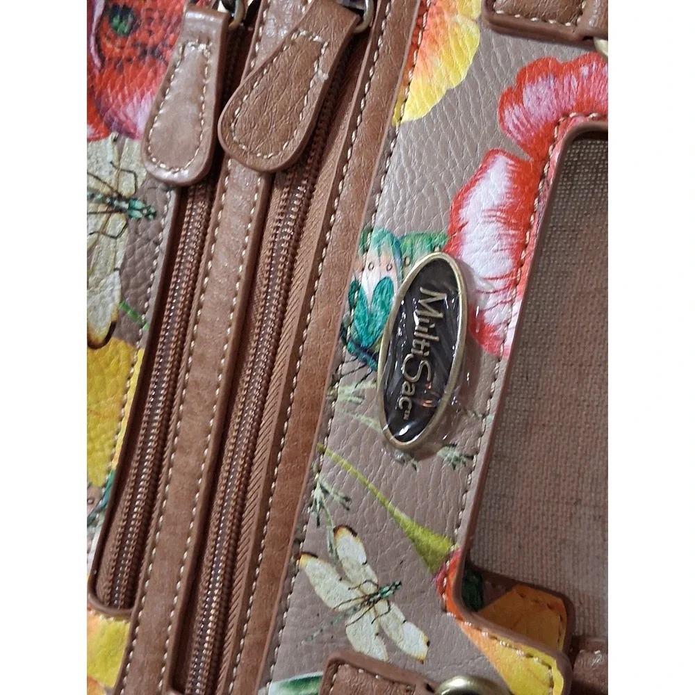 MultiSac Floral Butterfly Dragonfly Satchel Crossbody Handbag Tan Multi Pocket